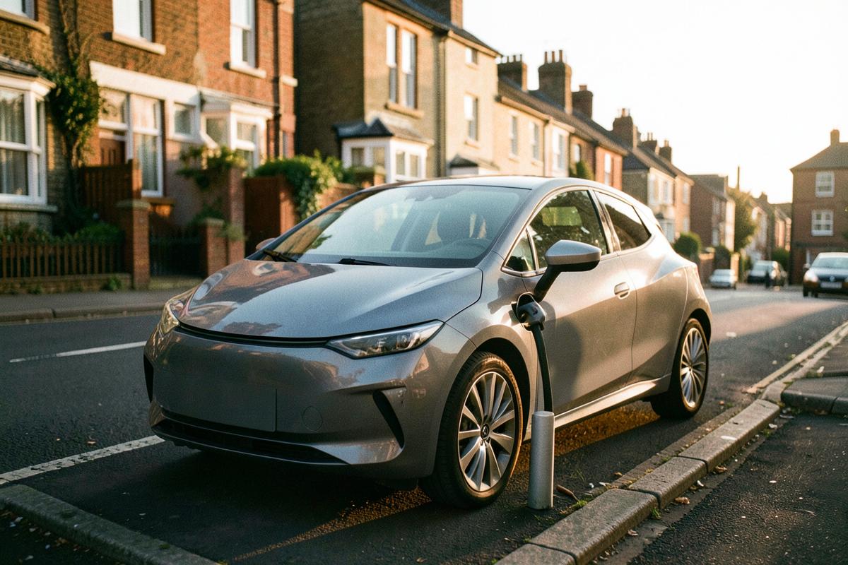 An electric car plugged into a public kerbside charger beside terraced homes on a UK street.