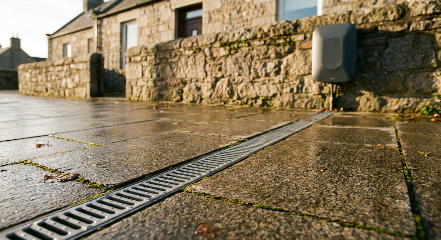A flush cable gully crossing a pavement outside a stone home, with a home charging unit in the background.