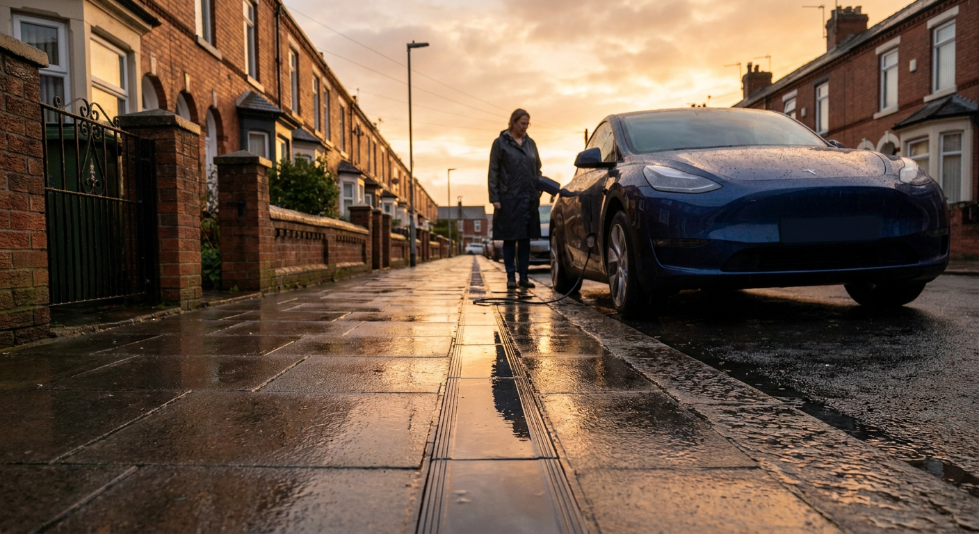 A modern electric car charging beside a UK terraced street through a covered channel across the pavement.