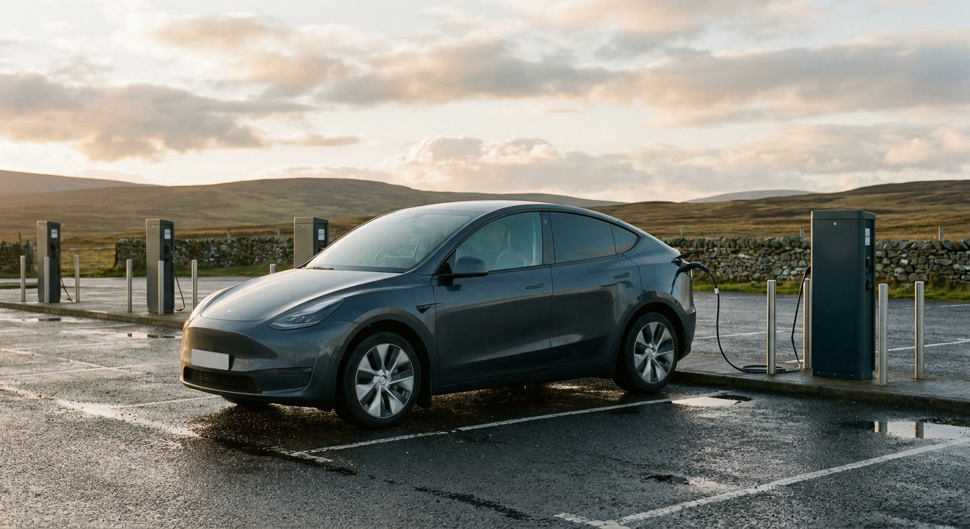 An unbranded electric car charging in a rural Scottish visitor car park, with hills in the background.