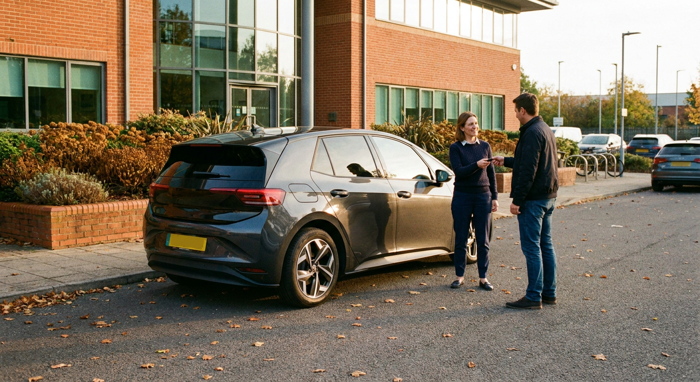 An employee receives the keys to a new electric company car outside a British office.