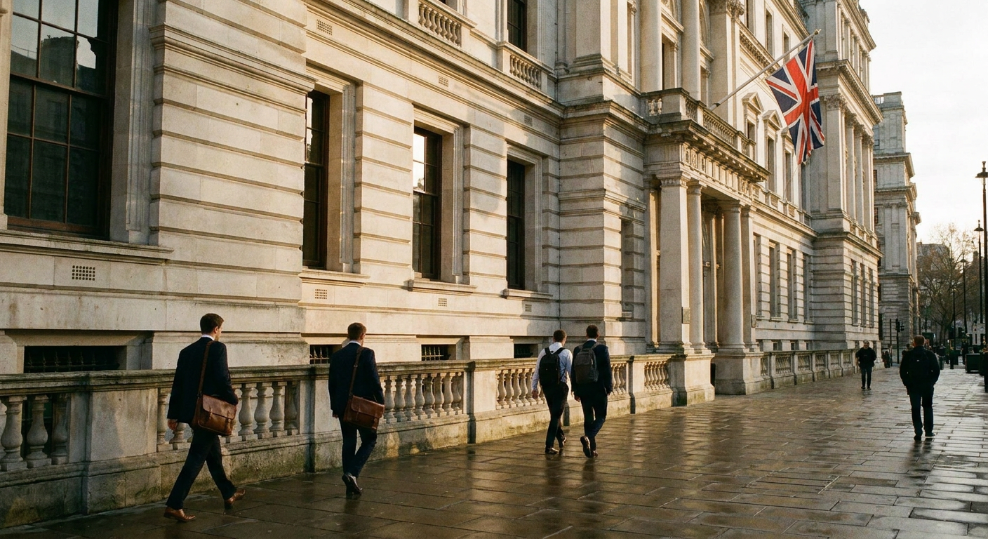 Pedestrians outside a stone government building on Whitehall in London.