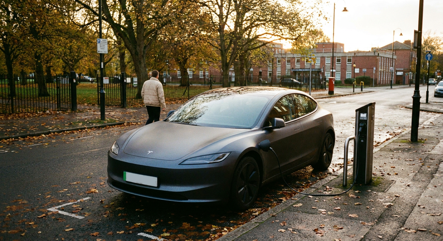 An unbranded electric car using a kerbside public charger beside an urban park, illustrating the Peterborough proposal.