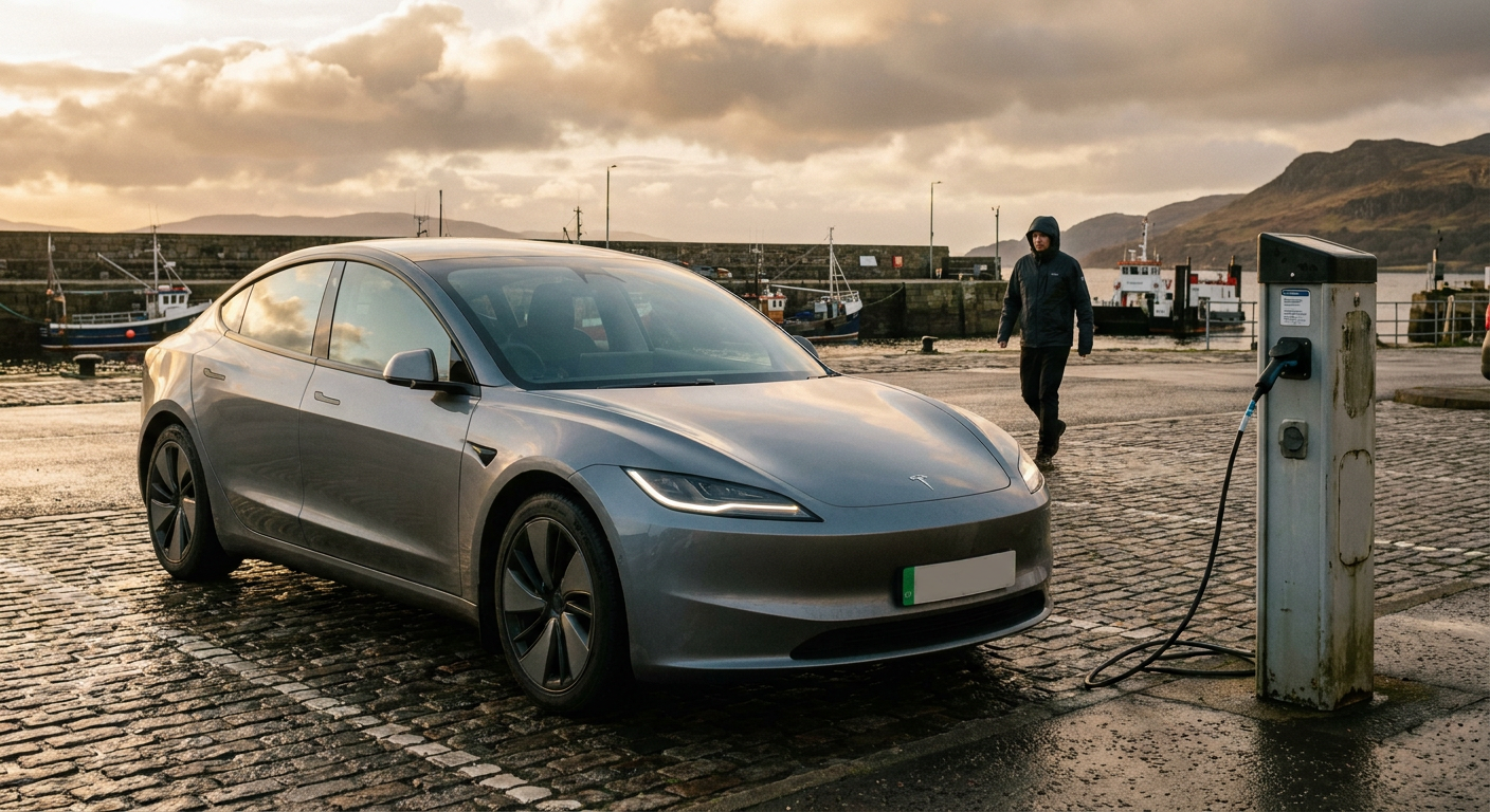 An unbranded electric car charging beside an Arran harbour, illustrating the planned Ayrshire rollout.