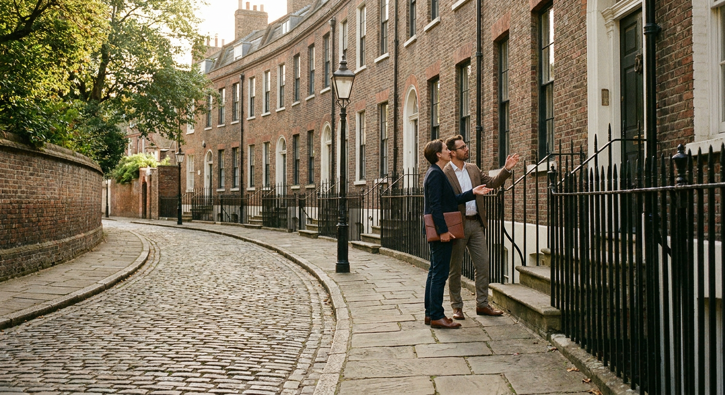 Two people examine the frontage and pavement outside historic English townhouses.