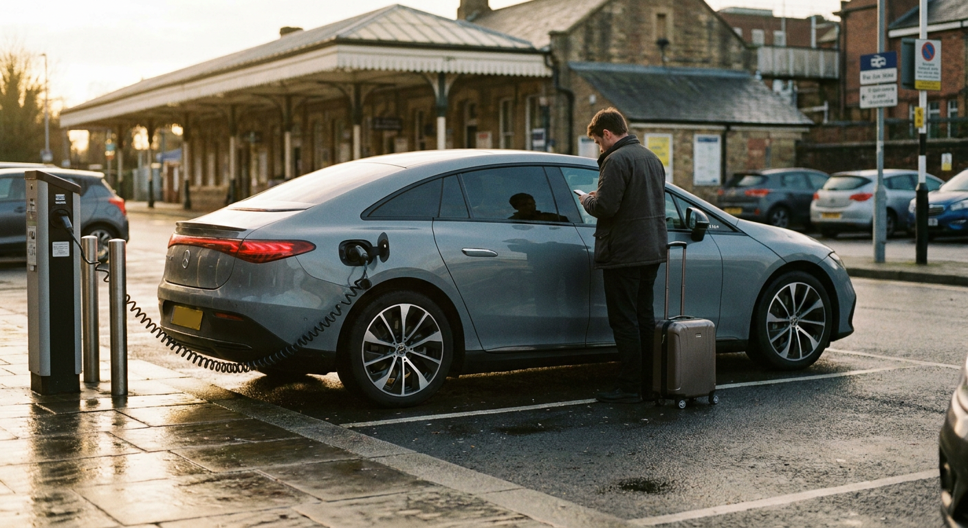 An unbranded electric private-hire car charging at a railway station car park, with its driver standing beside it.