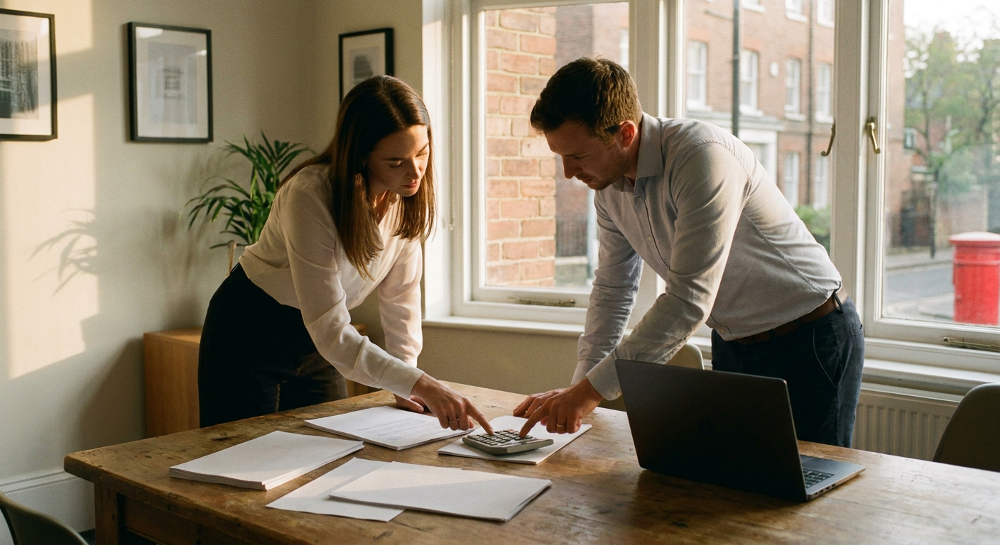 Payroll and fleet colleagues reviewing benefit costs with a calculator and documents in a British office.