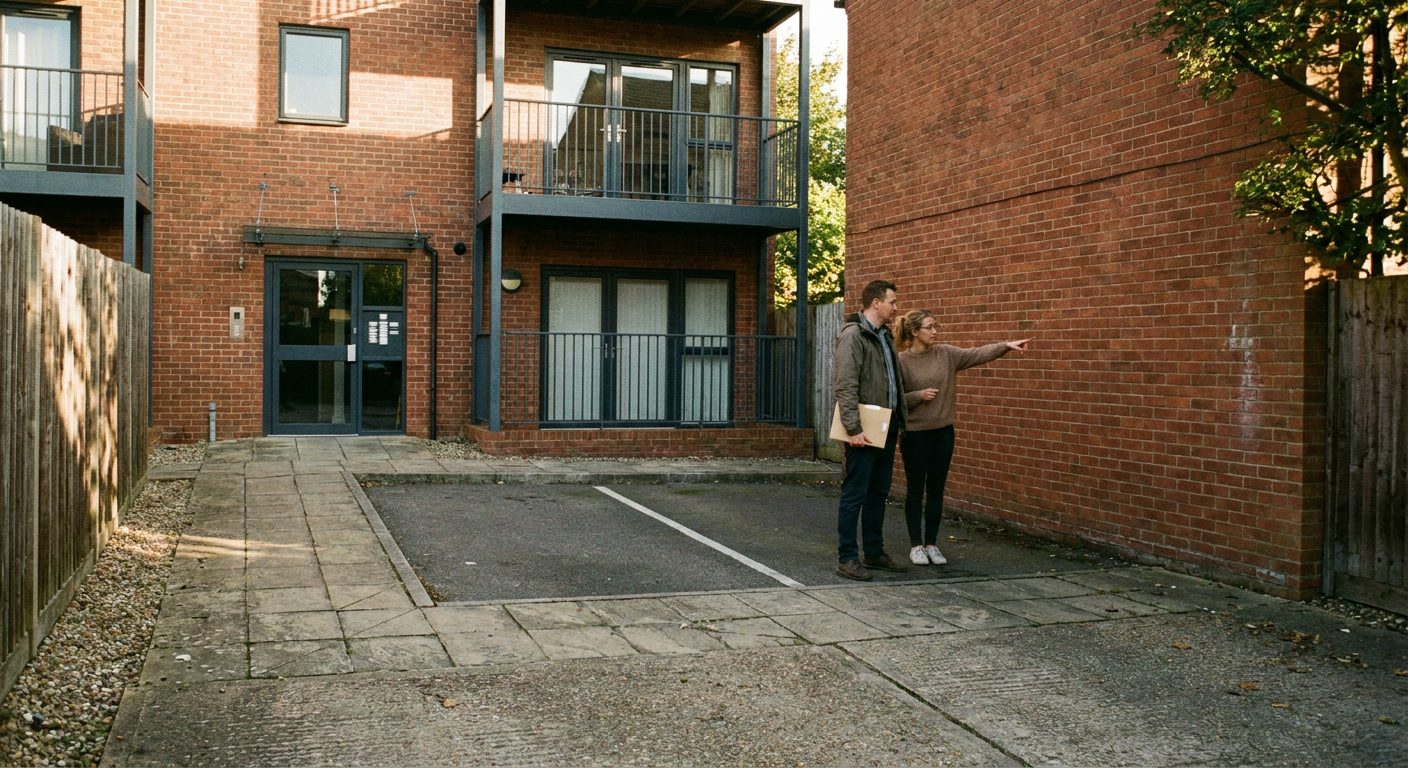 A resident and building manager assess a possible charger location beside an apartment block’s private parking space.